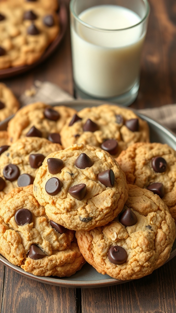 A plate of healthy oatmeal chocolate chip cookies with dark chocolate chips, served with a glass of milk.